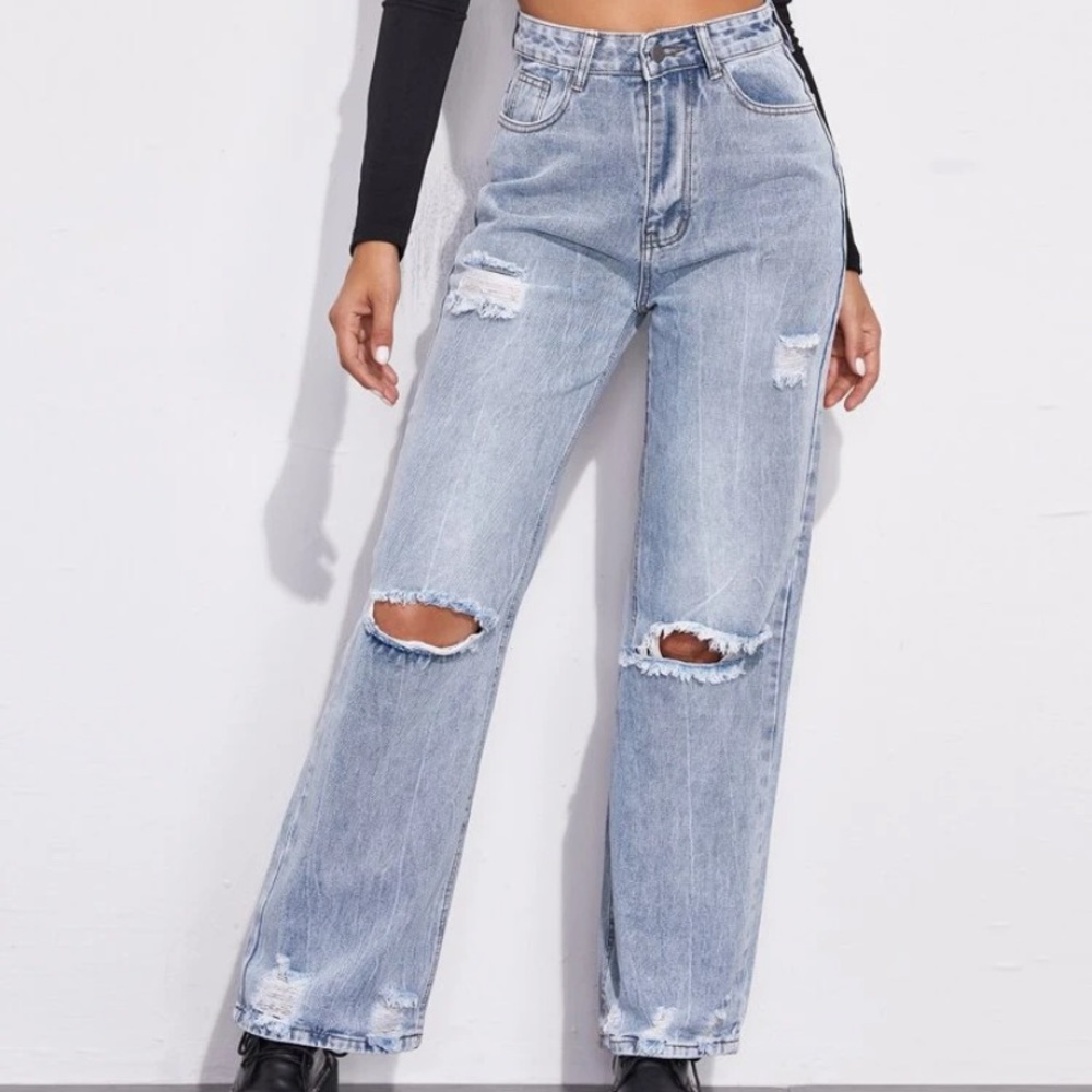SHEIN Light Wash High-Rise Distressed Boyfriend Jeans